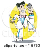 Handsome Male Game Show Host With Black Hair And Pearly White Teeth Wearing A White And Blue Suit And Holding A Microphone Clipart Illustration by Andy Nortnik