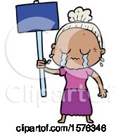Cartoon Old Woman Crying While Protesting