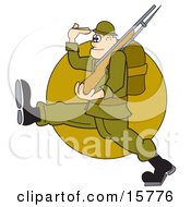 Army Soldier Marching With A Gun And Backpack While Saluting