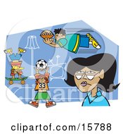 Tired Woman Watching As Her Hyper Kids Play Sports In The House Clipart Illustration