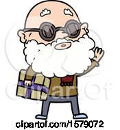 Poster, Art Print Of Cartoon Curious Man With Beard Sunglasses And Present