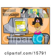 Businesswoman Seated At Her Computer Desk And Reading An Instant Message While Others Chat Online Clipart Illustration by Andy Nortnik