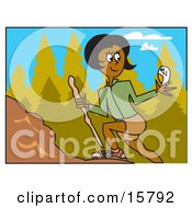 Athletic African American Woman Hiking Uphill With A Stick And An Owl On Her Finger Clipart Illustration