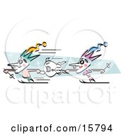 Couple Of Jesters Holding Onto A Dog And Skiing Clipart Illustration
