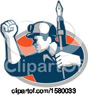 Clipart Of A Retro Male Miner Holding Up A Fountain Pen And A Fist And Emerging From An Oval Royalty Free Vector Illustration by patrimonio