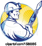 Clipart Of A Retro Male Miner Holding A Giant Fountain Pen In A Sunset Circle Royalty Free Vector Illustration by patrimonio