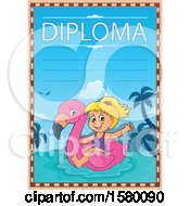 Poster, Art Print Of Diploma Design With A Girl On A Flamingo Swim Float
