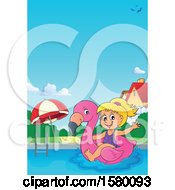 Poster, Art Print Of Girl On A Flamingo Swim Float In A Swimming Pool