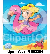 Poster, Art Print Of Girl On A Flamingo Swim Float In The Ocean