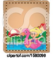 Parchment Border Of A Girl On A Flamingo Swim Float