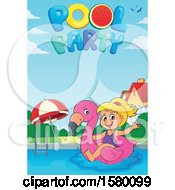 Poster, Art Print Of Girl On A Flamingo Swim Float Under Pool Party Text