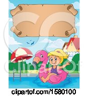 Poster, Art Print Of Parchment Scroll Over A Girl On A Flamingo Swim Float In A Swimming Pool