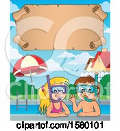 Clipart Of A Parchment Scroll Over A Boy And Girl Wearing Snorkel Masks Royalty Free Vector Illustration