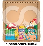 Poster, Art Print Of Parchment Border Of A Boy And Girl Wearing Snorkel Masks