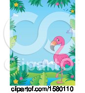 Poster, Art Print Of Border With A Pink Flamingo Bird