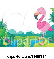 Clipart Of A Pink Flamingo Bird On A Beach Royalty Free Vector Illustration