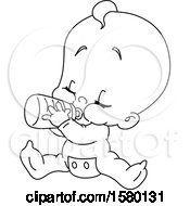 Clipart Of A Cartoon Lineart Baby Sitting And Drinking From A Bottle Royalty Free Vector Illustration
