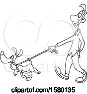 Clipart Of A Cartoon Lineart Man Walking His Dog Royalty Free Vector Illustration