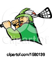 Tough Robin Hood Sports Mascot Holding A Lacrosse Stick