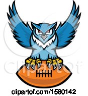 Poster, Art Print Of Blue Great Horned Owl Sports Mascot Flying With An American Football