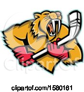Tough Saber Toothed Cat Sports Mascot With An Ice Hockey Stick