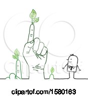 Clipart Of A Happy Stick Man With A Giant Hand And Fingers With Leaves Royalty Free Vector Illustration by NL shop