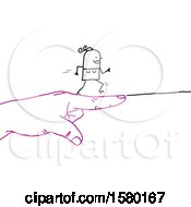 Clipart Of A Stick Woman Running Forward On A Giant Pointing Hand Royalty Free Vector Illustration