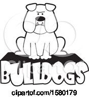Poster, Art Print Of Cartoon Black And White Bulldog With Jowls Sitting On Text