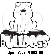 Poster, Art Print Of Cartoon Black And White Happy Bulldog Sitting On Text