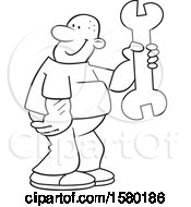 Clipart Of A Cartoon Lineart Happy Man Holding A Giant Spanner Wrench Royalty Free Vector Illustration