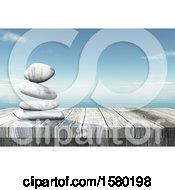 Poster, Art Print Of 3d Wood Surface With Stacked Stones Over The Ocean