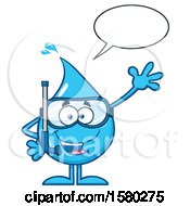Poster, Art Print Of Water Drop Mascot Character Talking Waving And Wearing A Snorkel Mask