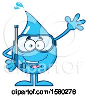 Poster, Art Print Of Water Drop Mascot Character Waving And Wearing A Snorkel Mask