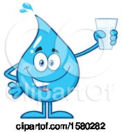 Clipart Of A Water Drop Mascot Character Holding A Glass Royalty Free Vector Illustration