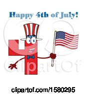 Poster, Art Print Of Patriotic Red Number Four Mascot Character Holding An American Flag Under Happy 4th Of July Text