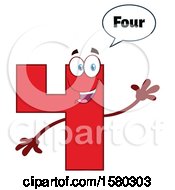 Poster, Art Print Of Red Number Four Mascot Character Saying 4 And Waving