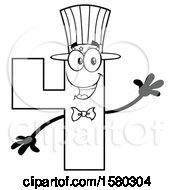 Clipart Of A Black And White Patriotic American Number Four Mascot Character Waving Royalty Free Vector Illustration