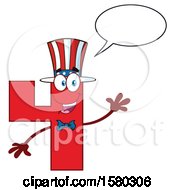 Clipart Of A Patriotic American Number Four Mascot Character Talking And Waving Royalty Free Vector Illustration