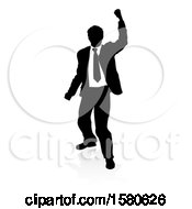 Poster, Art Print Of Silhouetted Business Man Cheering With A Reflection Or Shadow On A White Background