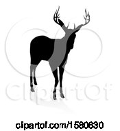 Clipart Of A Black Silhouetted Deer Stag Buck With A Shadow On A White Background Royalty Free Vector Illustration