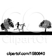 Poster, Art Print Of Black Silhouetted Fit Couple Running In A Park