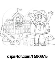 Poster, Art Print Of Lineart Cheering School Boy By A Building
