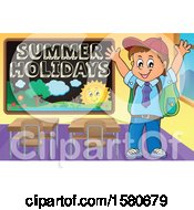 Poster, Art Print Of Cheering School Boy By A Summer Holidays Blackboard