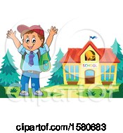 Clipart Of A Cheering School Boy Outside A Building Royalty Free Vector Illustration