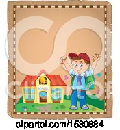 Poster, Art Print Of Parchment Border Of A Cheering School Boy Outside A Building