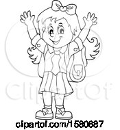 Clipart Of A Lineart Cheering School Girl Royalty Free Vector Illustration