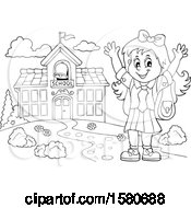 Clipart Of A Lineart Cheering School Girl By A Building Royalty Free Vector Illustration