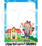 Clipart Of A Border Of A Cheering School Girl Outside A Building Royalty Free Vector Illustration