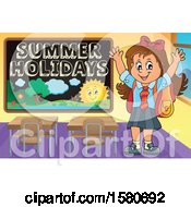 Poster, Art Print Of Cheering School Girl By A Summer Holidays Black Board