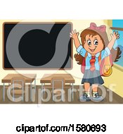 Poster, Art Print Of Cheering School Girl By A Black Board